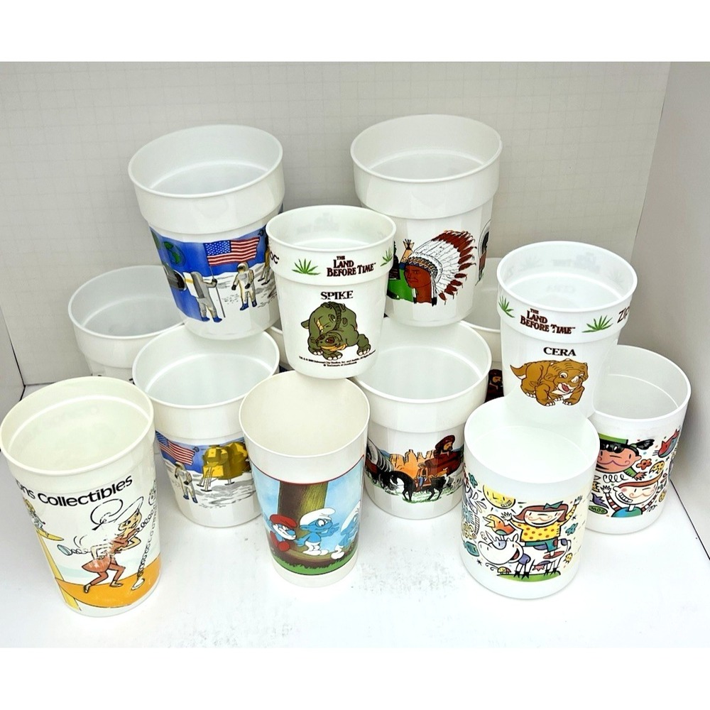 Lot Vintage 1990s Restaurant Promo Plastic Cups Jetsons Smurfs Land Before Time